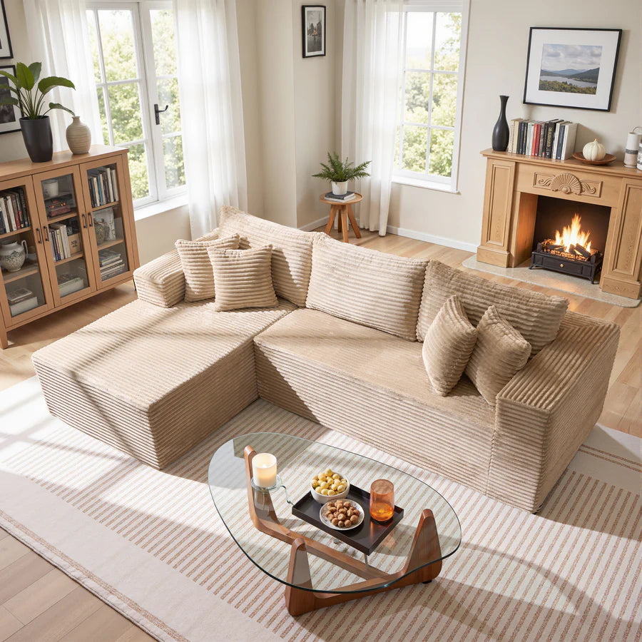 104" L-Shape Modular Couch with Chaise, Plush Corduroy Fabric, No Assembly Required