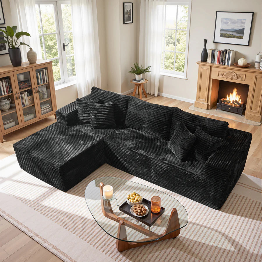 104" L-Shape Modular Couch with Chaise, Plush Corduroy Fabric, No Assembly Required