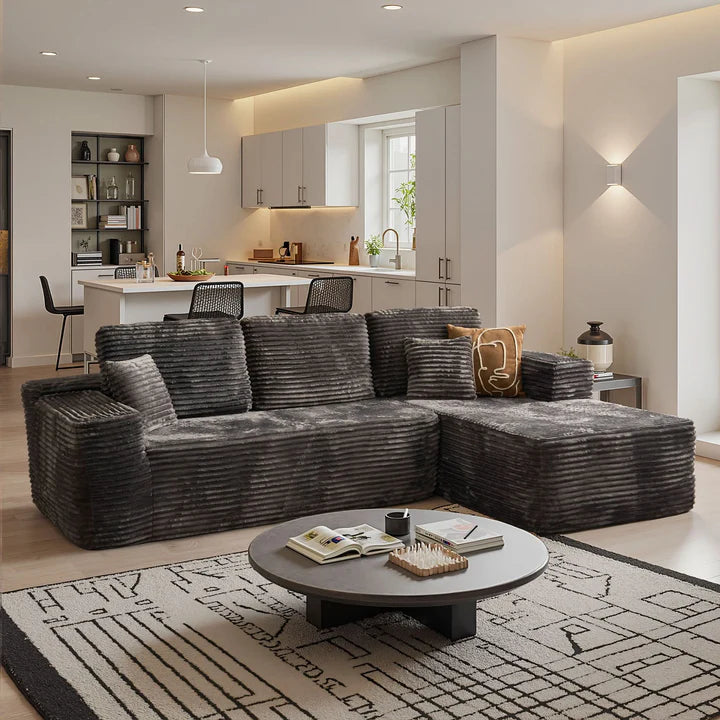 104" L-Shape Modular Couch with Chaise, Plush Corduroy Fabric, No Assembly Required