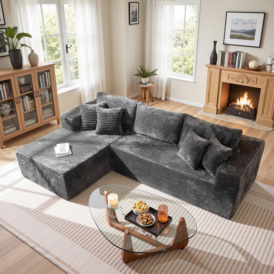 104" L-Shape Modular Couch with Chaise, Plush Corduroy Fabric, No Assembly Required