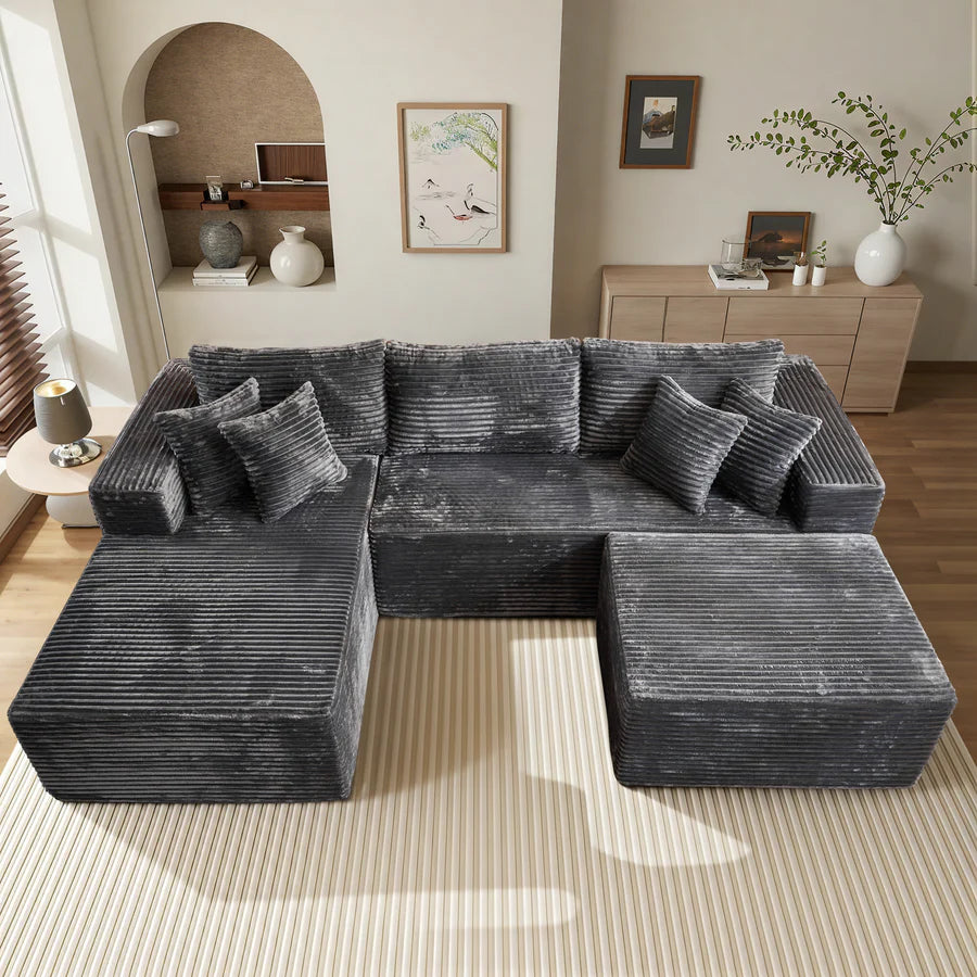 108" U-Shape Modular Couch with Ottoman, Plush Corduroy Fabric, No Assembly Required