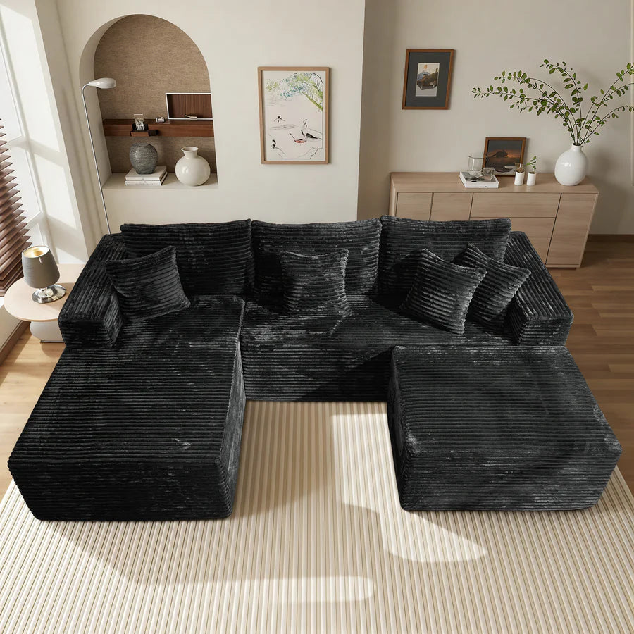 108" U-Shape Modular Couch with Ottoman, Plush Corduroy Fabric, No Assembly Required