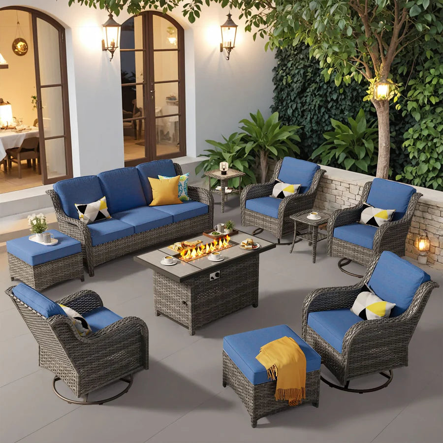 10 Pieces Patio Furniture Set with Fire Pit Table Outdoor Wicker Sofa Loveseat and Swivel Rocking Glider Chairs