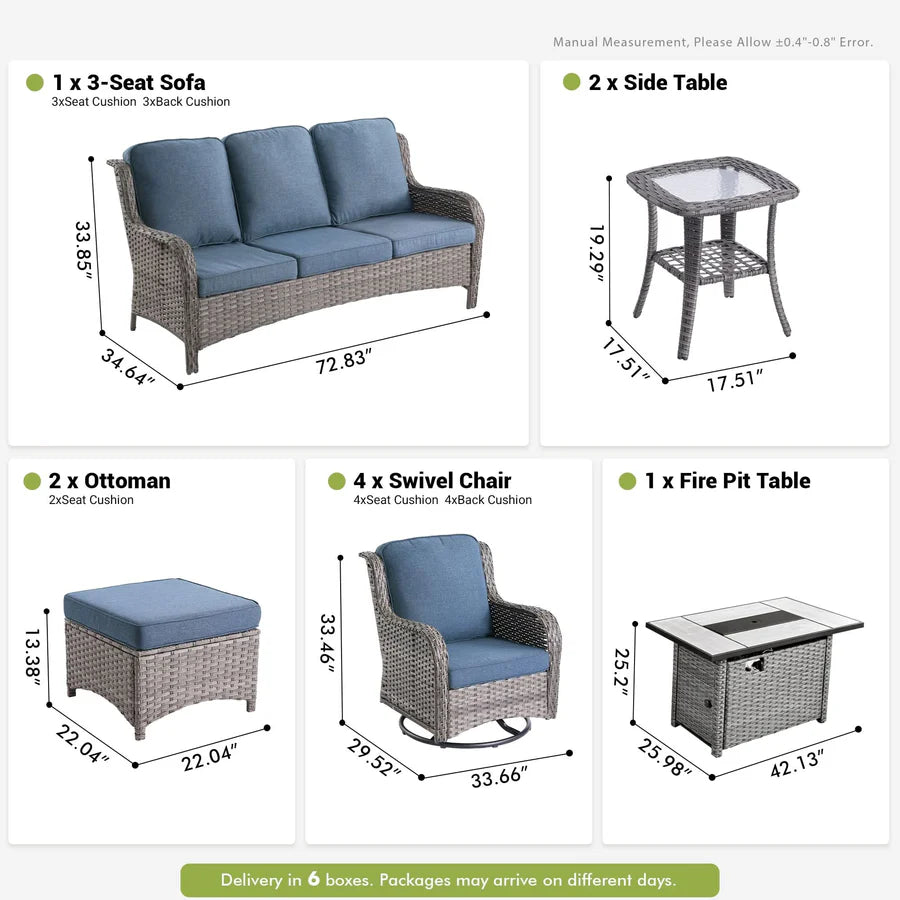 10 Pieces Patio Furniture Set with Fire Pit Table Outdoor Wicker Sofa Loveseat and Swivel Rocking Glider Chairs
