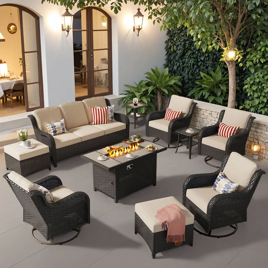 10 Pieces Patio Furniture Set with Fire Pit Table Outdoor Wicker Sofa Loveseat and Swivel Rocking Glider Chairs