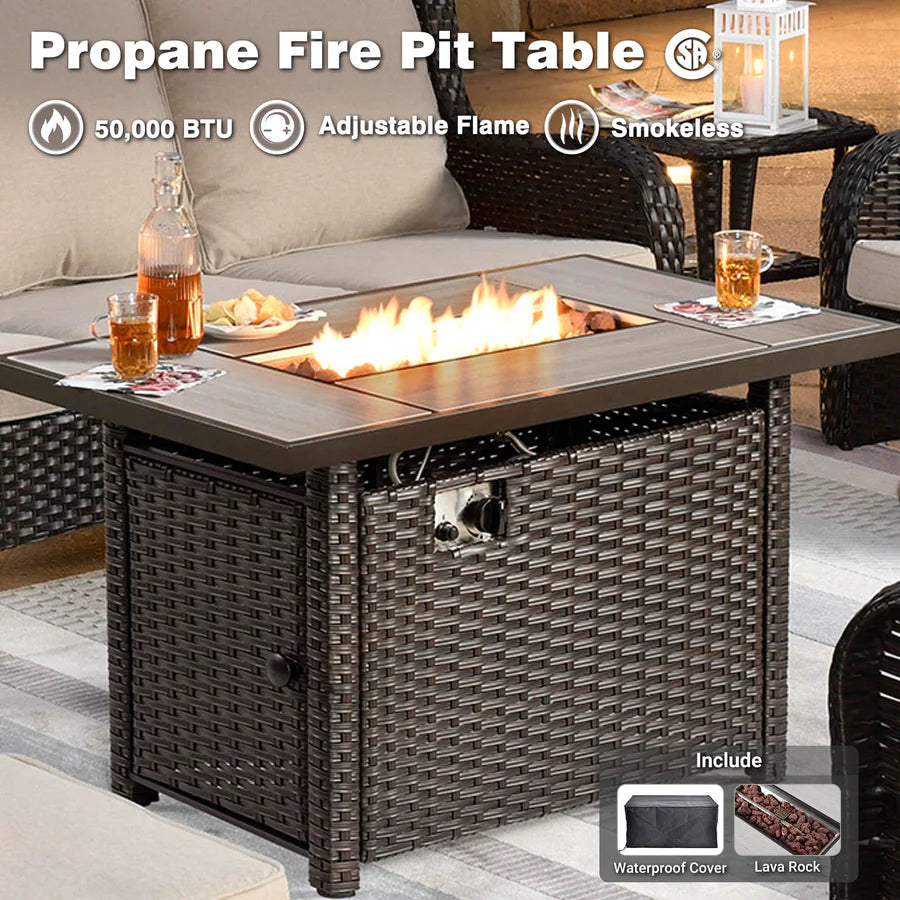 10 Pieces Patio Furniture Set with Fire Pit Table Outdoor Wicker Sofa Loveseat and Swivel Rocking Glider Chairs