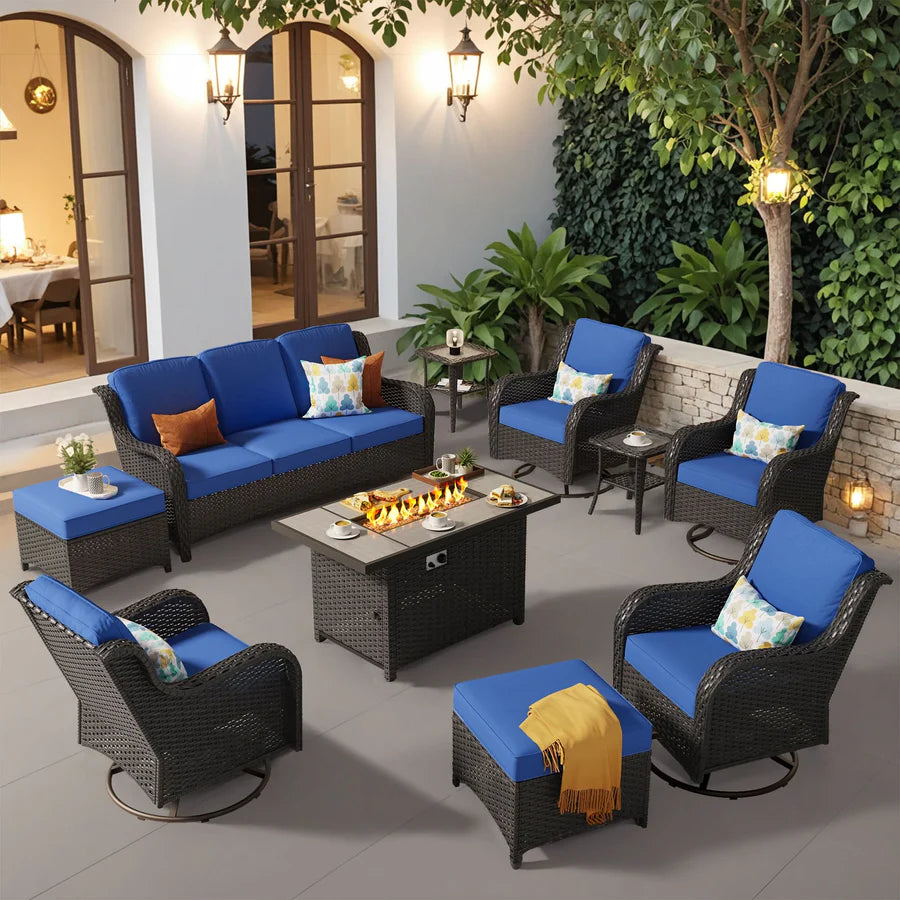 10 Pieces Patio Furniture Set with Fire Pit Table Outdoor Wicker Sofa Loveseat and Swivel Rocking Glider Chairs