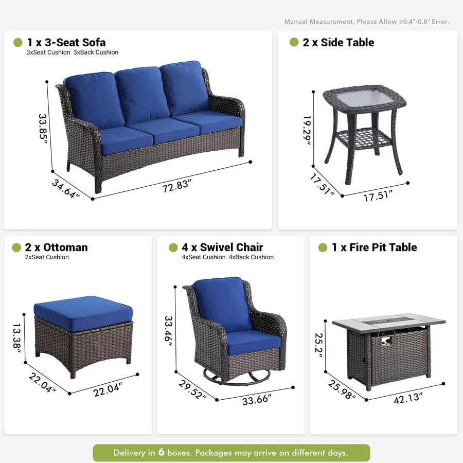 10 Pieces Patio Furniture Set with Fire Pit Table Outdoor Wicker Sofa Loveseat and Swivel Rocking Glider Chairs