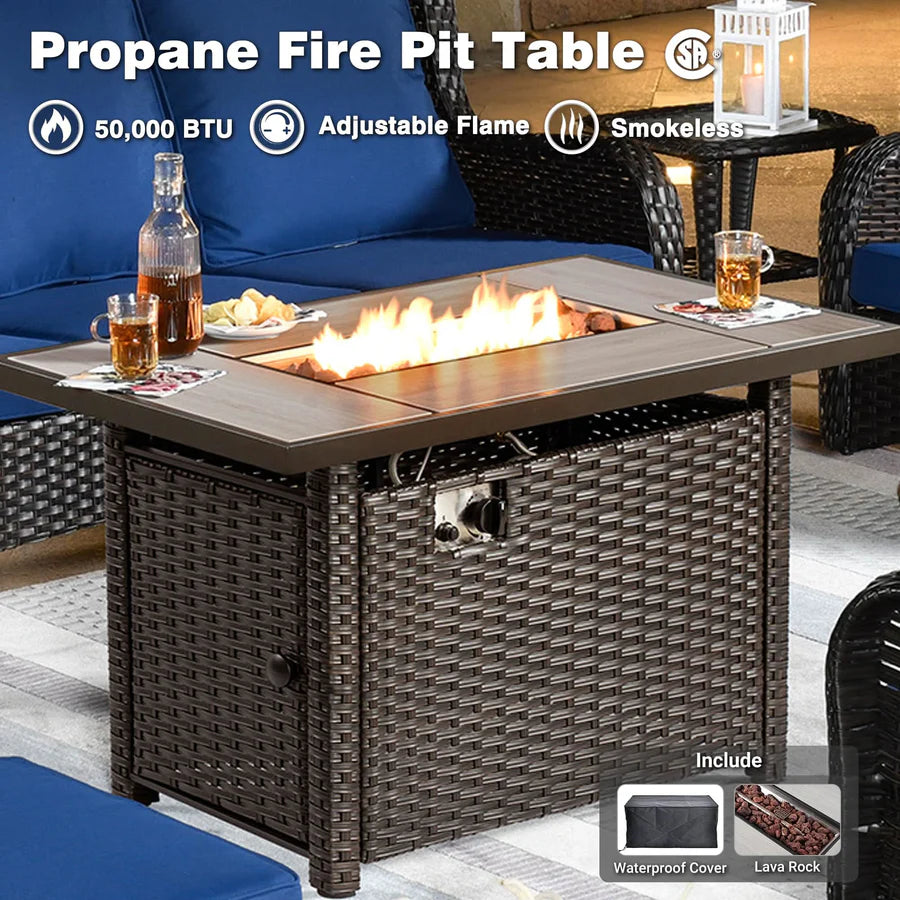10 Pieces Patio Furniture Set with Fire Pit Table Outdoor Wicker Sofa Loveseat and Swivel Rocking Glider Chairs