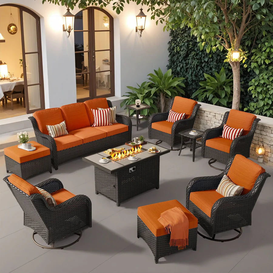 10 Pieces Patio Furniture Set with Fire Pit Table Outdoor Wicker Sofa Loveseat and Swivel Rocking Glider Chairs
