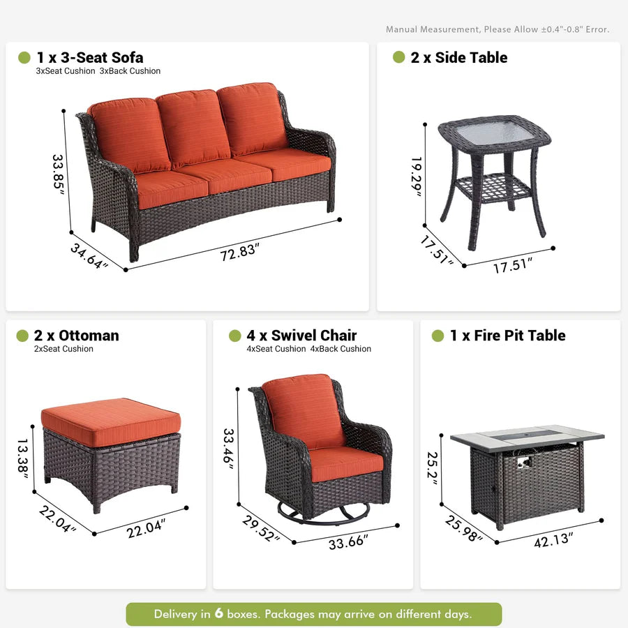 10 Pieces Patio Furniture Set with Fire Pit Table Outdoor Wicker Sofa Loveseat and Swivel Rocking Glider Chairs