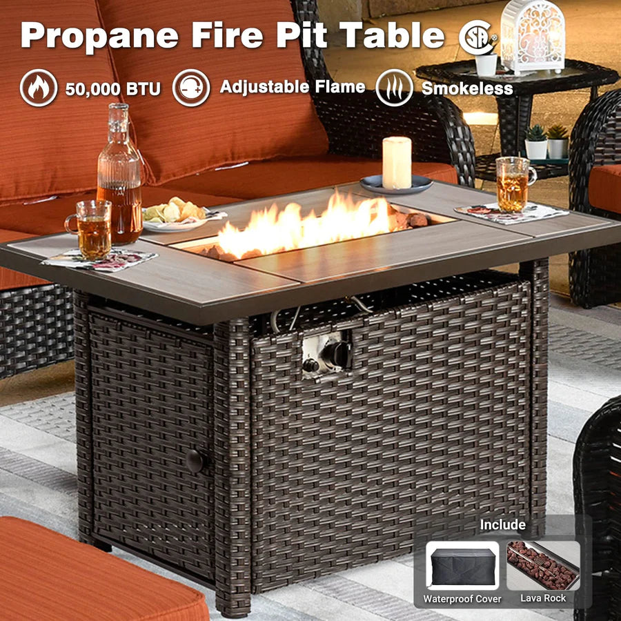 10 Pieces Patio Furniture Set with Fire Pit Table Outdoor Wicker Sofa Loveseat and Swivel Rocking Glider Chairs