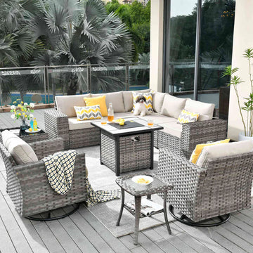 10 Pieces Patio Furniture with 7.68'' Handrails and 30'' Fire Pit Table Rocking Chair