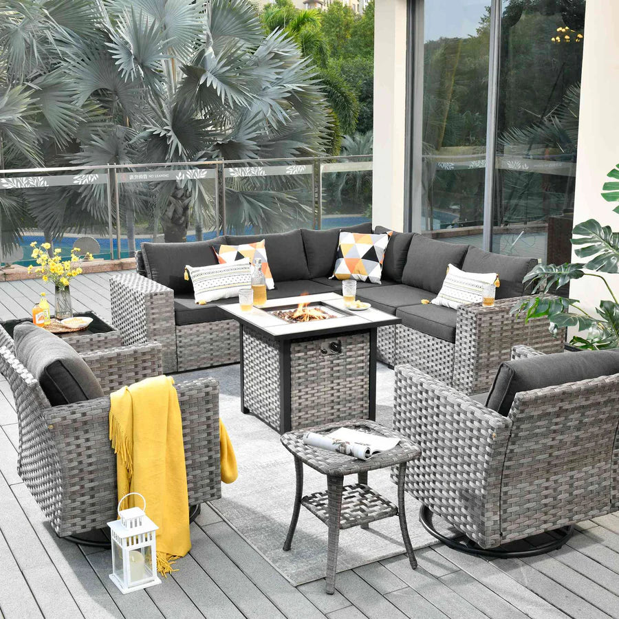 10 Pieces Patio Furniture with 7.68'' Handrails and 30'' Fire Pit Table Rocking Chair