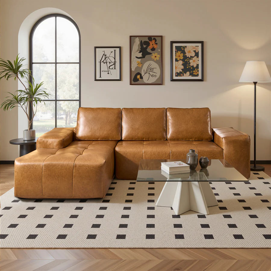 114" Cloud Sectional Sofa - L-Shaped Faux Leather Modular Couch with Deep Seat Chaise
