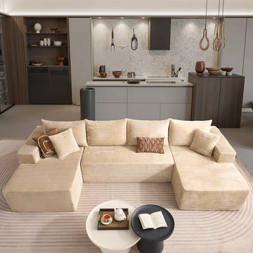 134" U-Shape Modular Couch , Plush Corduroy Fabric, No Assembly Required