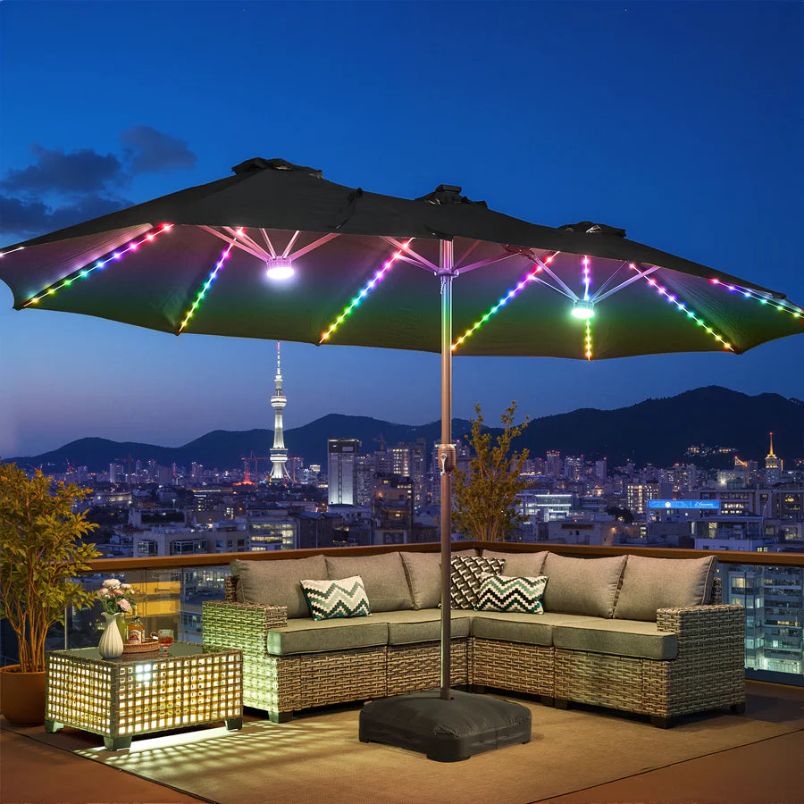 15ft Solar Patio Umbrella with APP/Remote Control, RGB LED Lights & Heavy Base