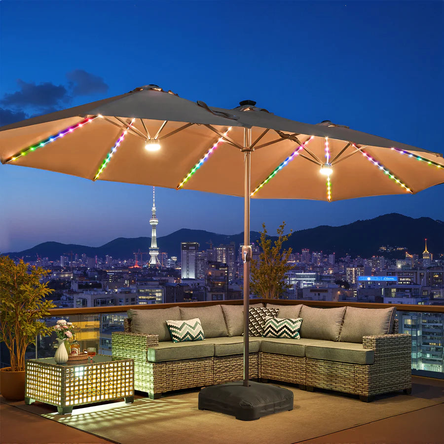 15ft Solar Patio Umbrella with APP/Remote Control, RGB LED Lights & Heavy Base