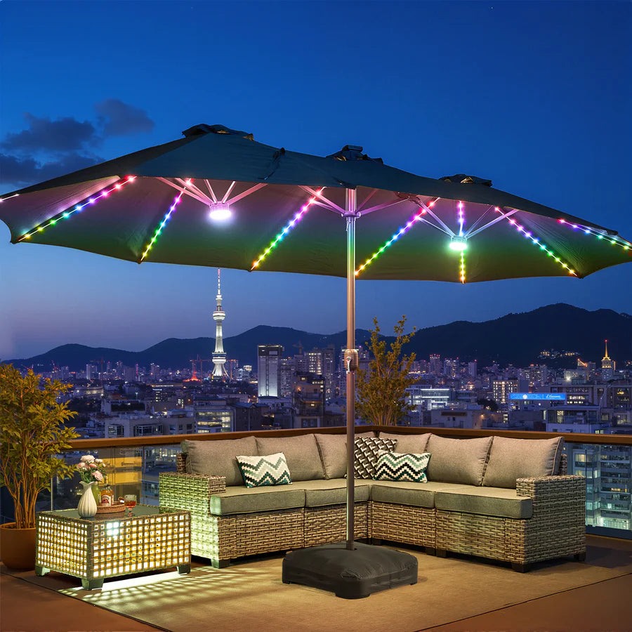 15ft Solar Patio Umbrella with APP/Remote Control, RGB LED Lights & Heavy Base