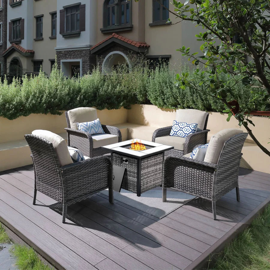 5-Piece Patio Set with Fire Pit Table,All Weather Grey Wicker Chairs & Cushions