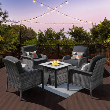 5-Piece Patio Set with Fire Pit Table,All Weather Grey Wicker Chairs & Cushions