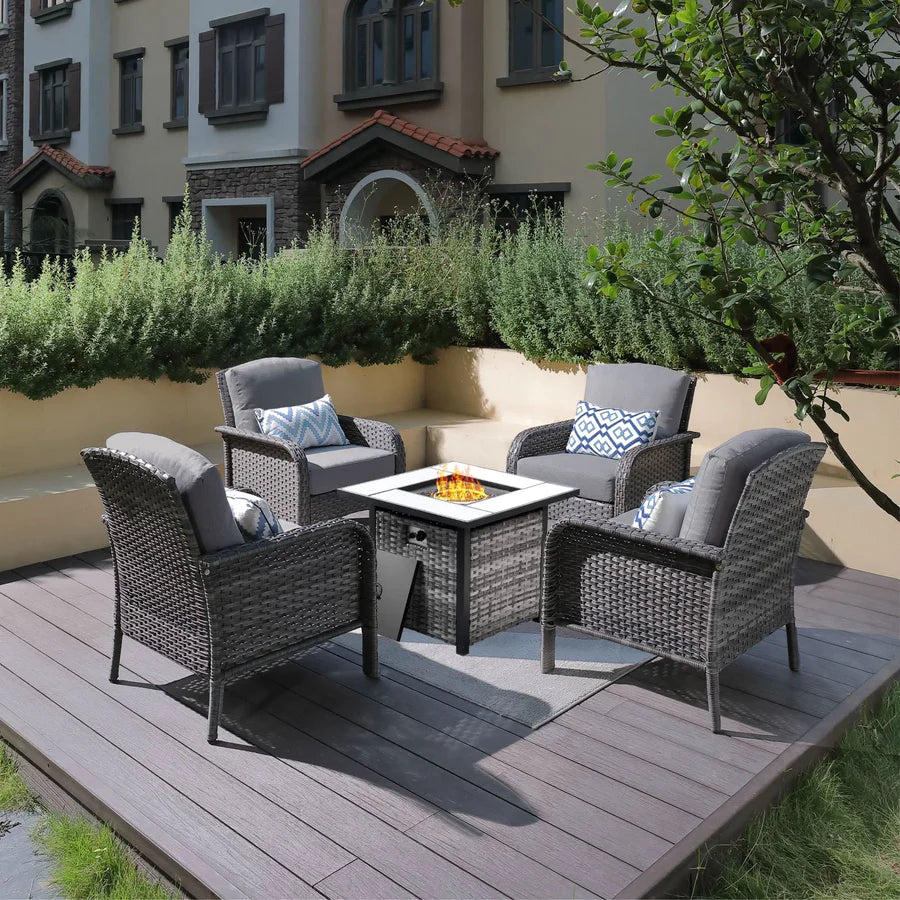 5-Piece Patio Set with Fire Pit Table,All Weather Grey Wicker Chairs & Cushions