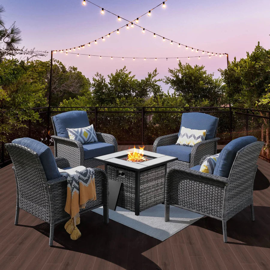 5-Piece Patio Set with Fire Pit Table,All Weather Grey Wicker Chairs & Cushions