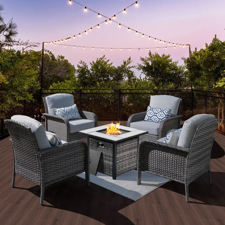 5-Piece Patio Set with Fire Pit Table,All Weather Grey Wicker Chairs & Cushions