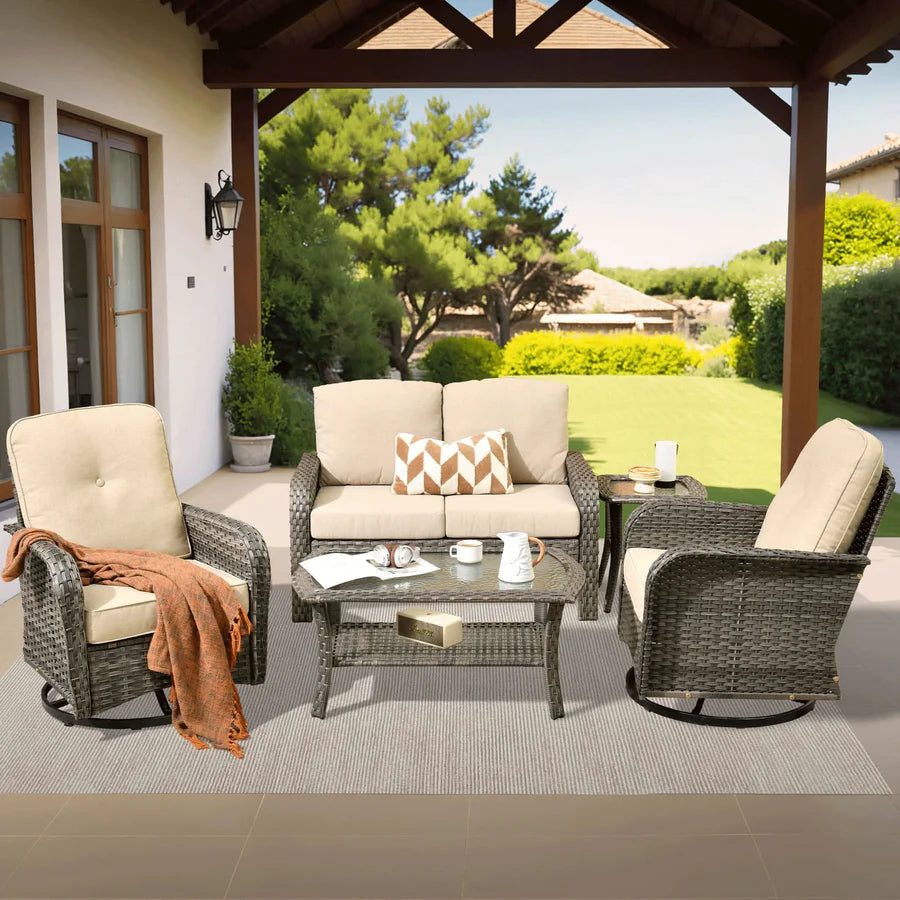 5 Pieces Patio Furniture Set, Outdoor Wicker Sofa with Swivel Chairs