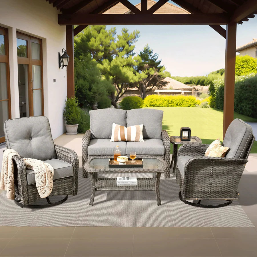 5 Pieces Patio Furniture Set, Outdoor Wicker Sofa with Swivel Chairs