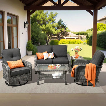 5 Pieces Patio Furniture Set, Outdoor Wicker Sofa with Swivel Chairs