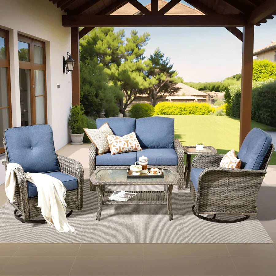 5 Pieces Patio Furniture Set, Outdoor Wicker Sofa with Swivel Chairs