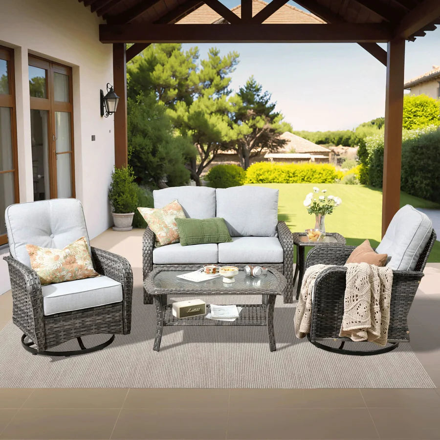 5 Pieces Patio Furniture Set, Outdoor Wicker Sofa with Swivel Chairs