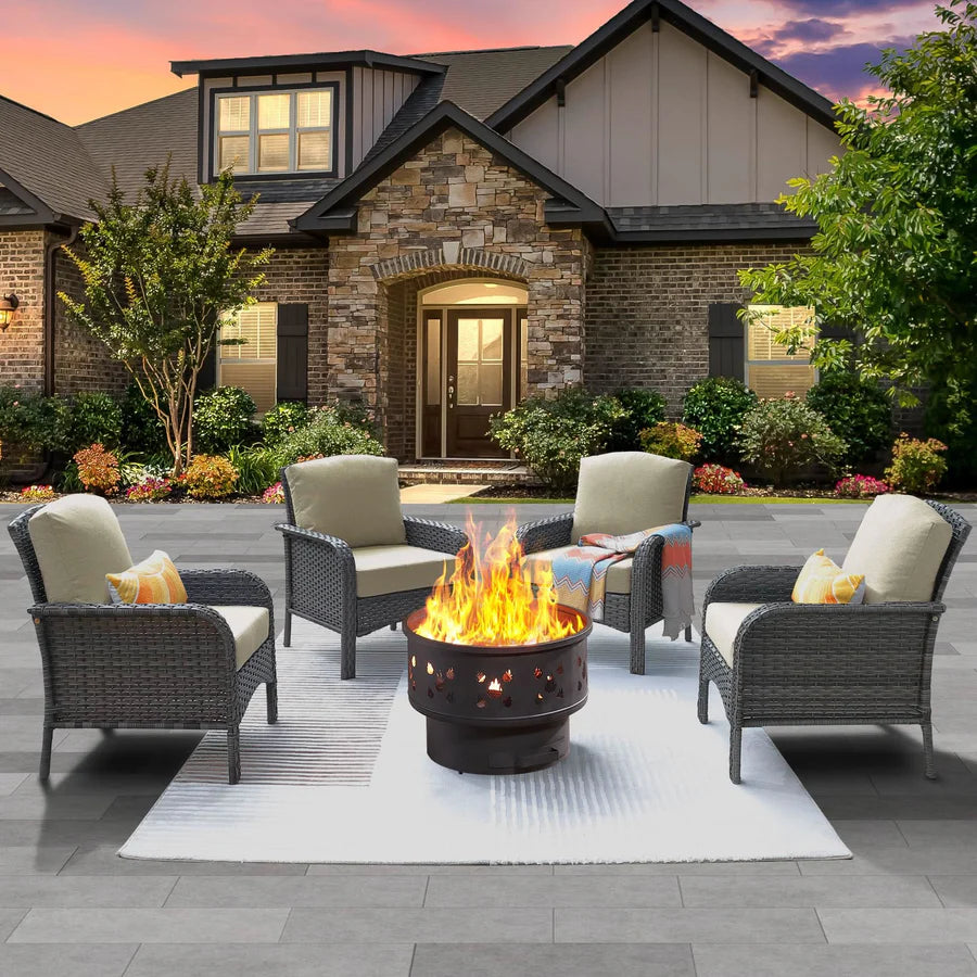 5 Pieces Patio Furniture Set with Fire Pit, Outdoor Wicker Chairs of 4