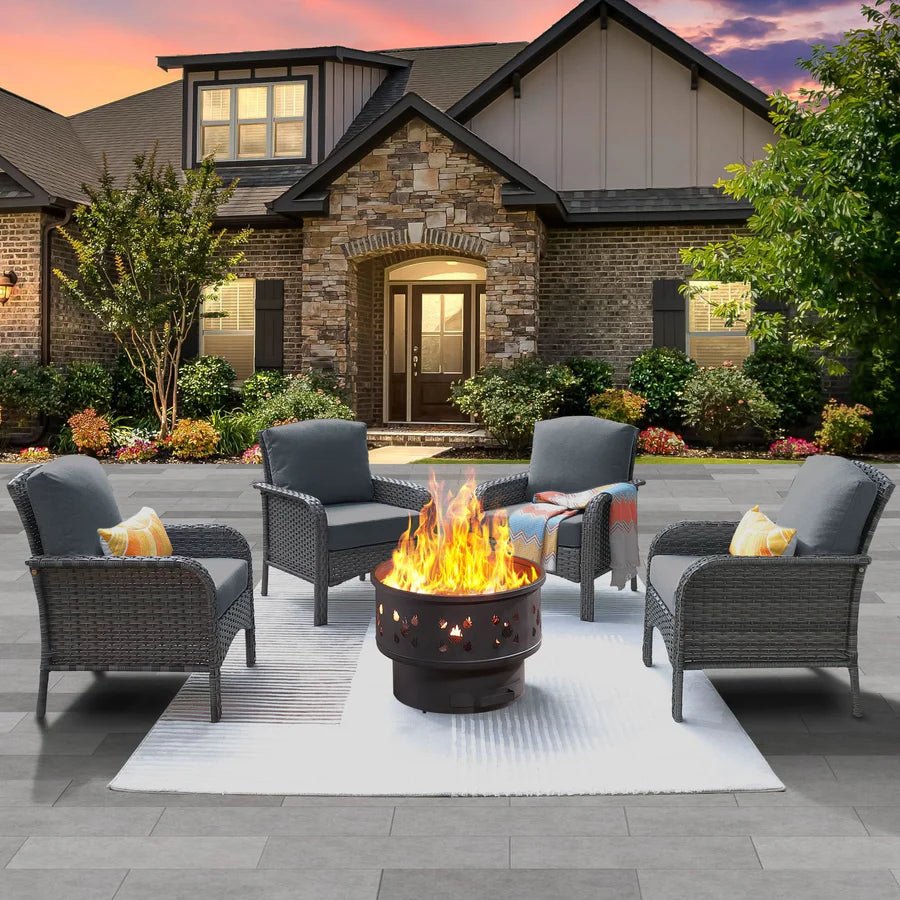5 Pieces Patio Furniture Set with Fire Pit, Outdoor Wicker Chairs of 4