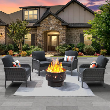 5 Pieces Patio Furniture Set with Fire Pit, Outdoor Wicker Chairs of 4