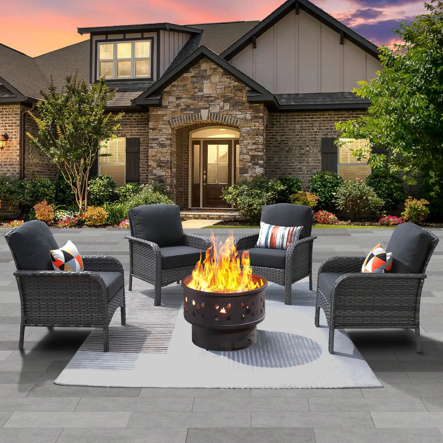 5 Pieces Patio Furniture Set with Fire Pit, Outdoor Wicker Chairs of 4