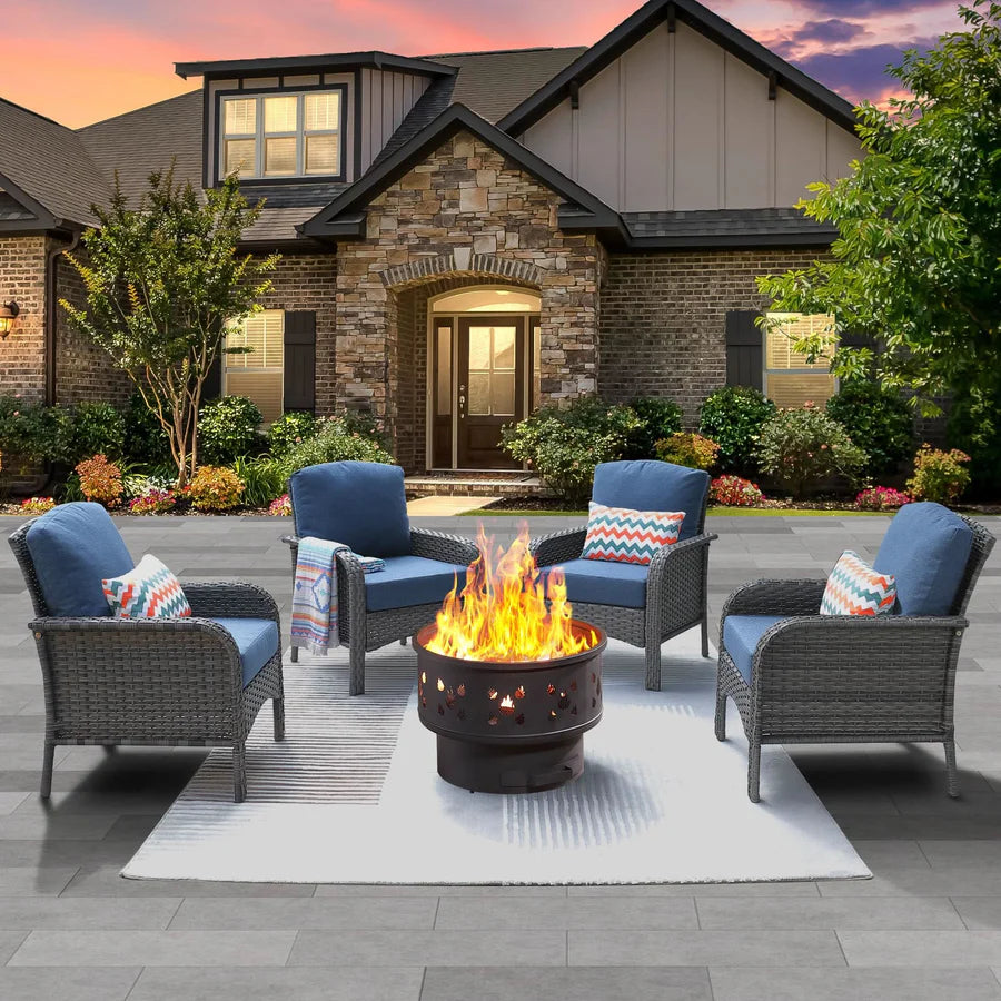 5 Pieces Patio Furniture Set with Fire Pit, Outdoor Wicker Chairs of 4