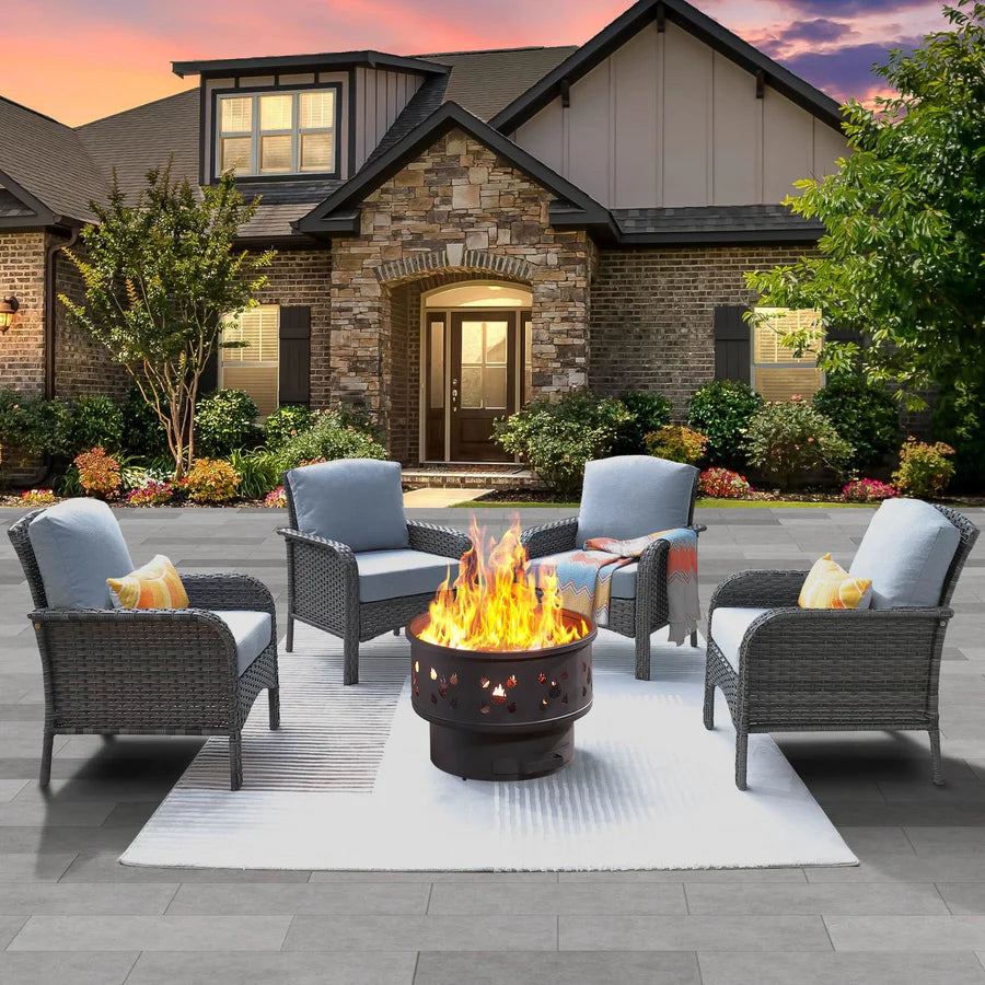 5 Pieces Patio Furniture Set with Fire Pit, Outdoor Wicker Chairs of 4