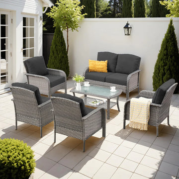 6-Piece Wicker Patio Furniture Set, All-Weather Rattan Conversation Bistro Loveseat Chair and Table Set for Backyard