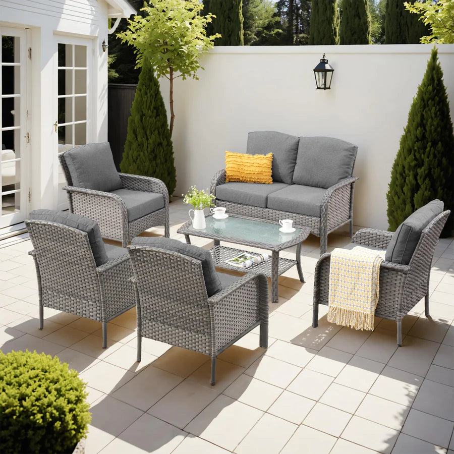 6-Piece Wicker Patio Furniture Set, All-Weather Rattan Conversation Bistro Loveseat Chair and Table Set for Backyard