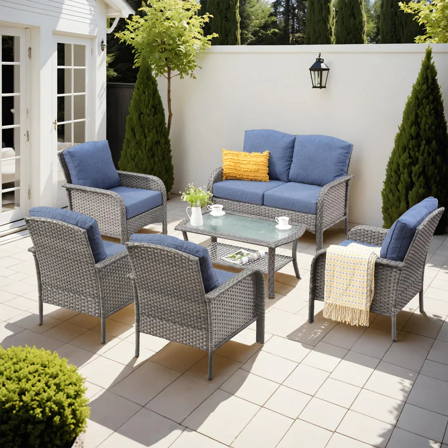 6-Piece Wicker Patio Furniture Set, All-Weather Rattan Conversation Bistro Loveseat Chair and Table Set for Backyard