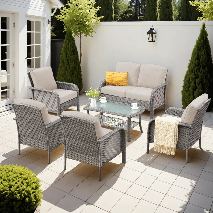 6-Piece Wicker Patio Furniture Set, All-Weather Rattan Conversation Bistro Loveseat Chair and Table Set for Backyard