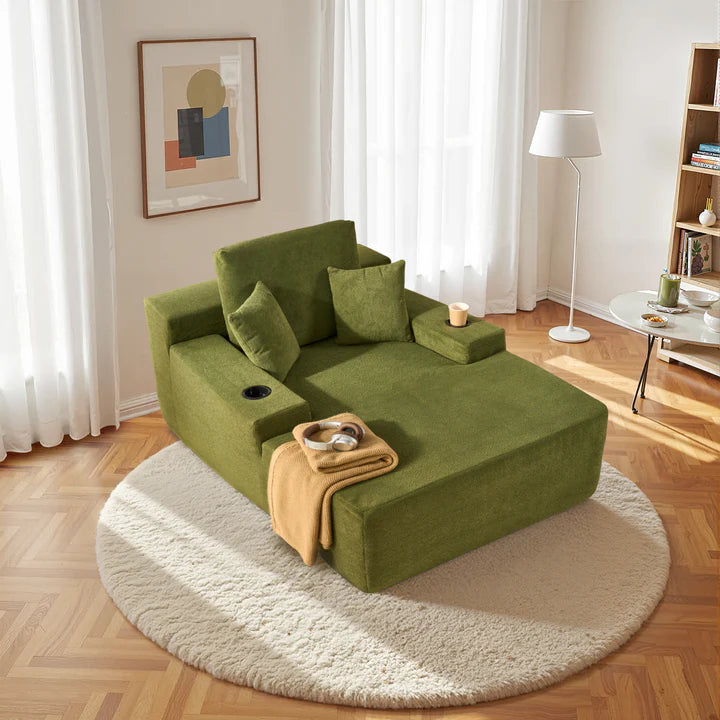 67" Chaise Lounge Chair with Cup Holders, Plush Velvet Sofa Bed