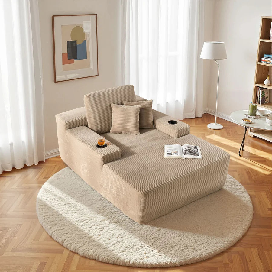 67" Oversized Chaise Lounge ,Corduroy Sleeper Sofa with Cup Holders