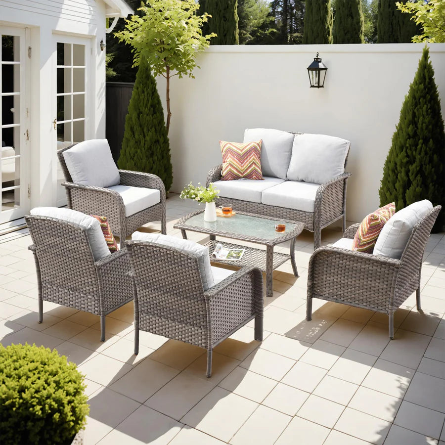 6-Piece Wicker Patio Furniture Set, All-Weather Rattan Conversation Bistro Loveseat Chair and Table Set for Backyard