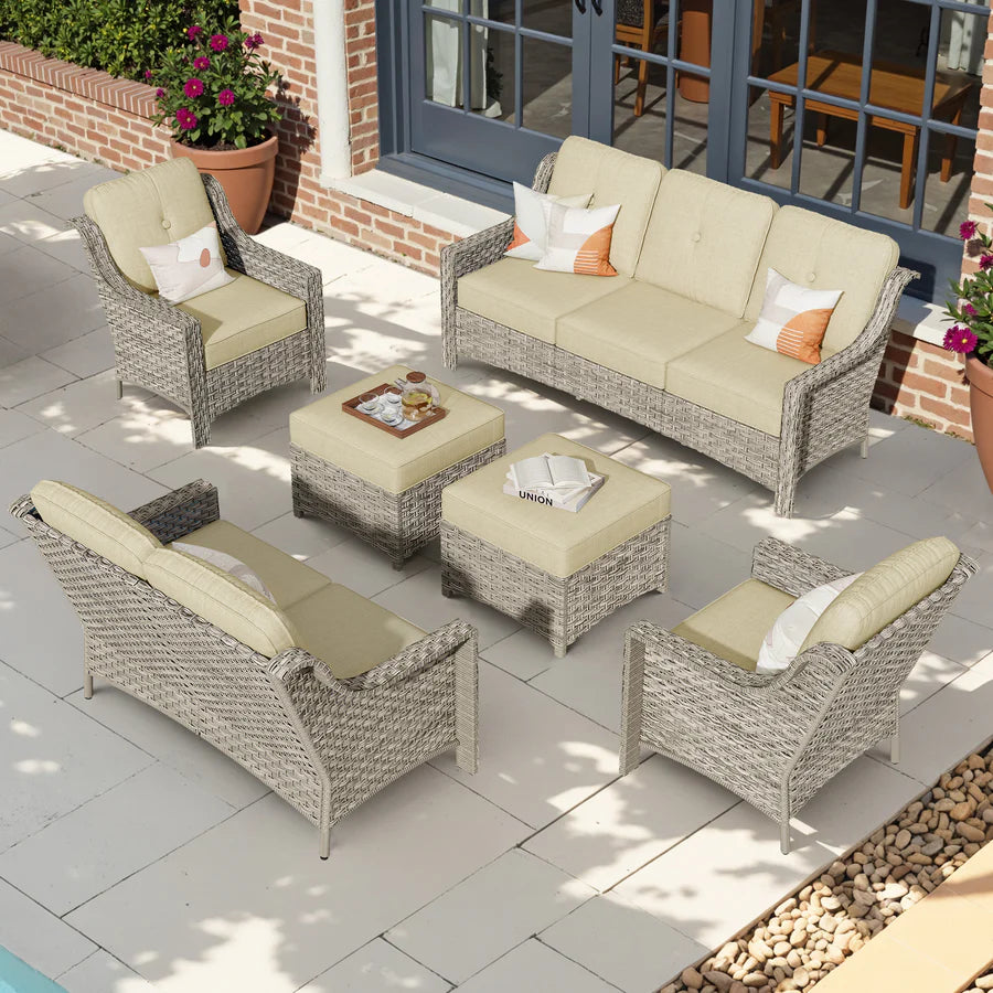 6 Pieces Patio Furniture Set, Outdoor Sofa Couch with Ottomans