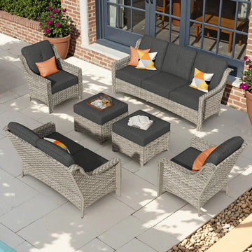 6 Pieces Patio Furniture Set, Outdoor Sofa Couch with Ottomans