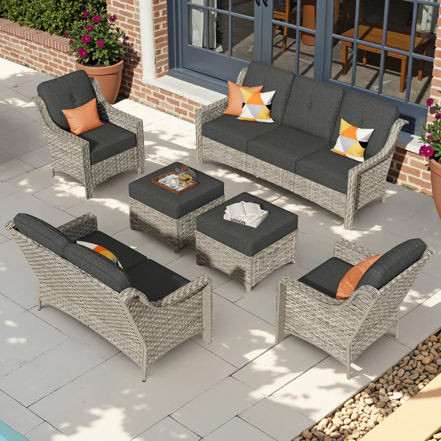 6 Pieces Patio Furniture Set, Outdoor Sofa Couch with Ottomans