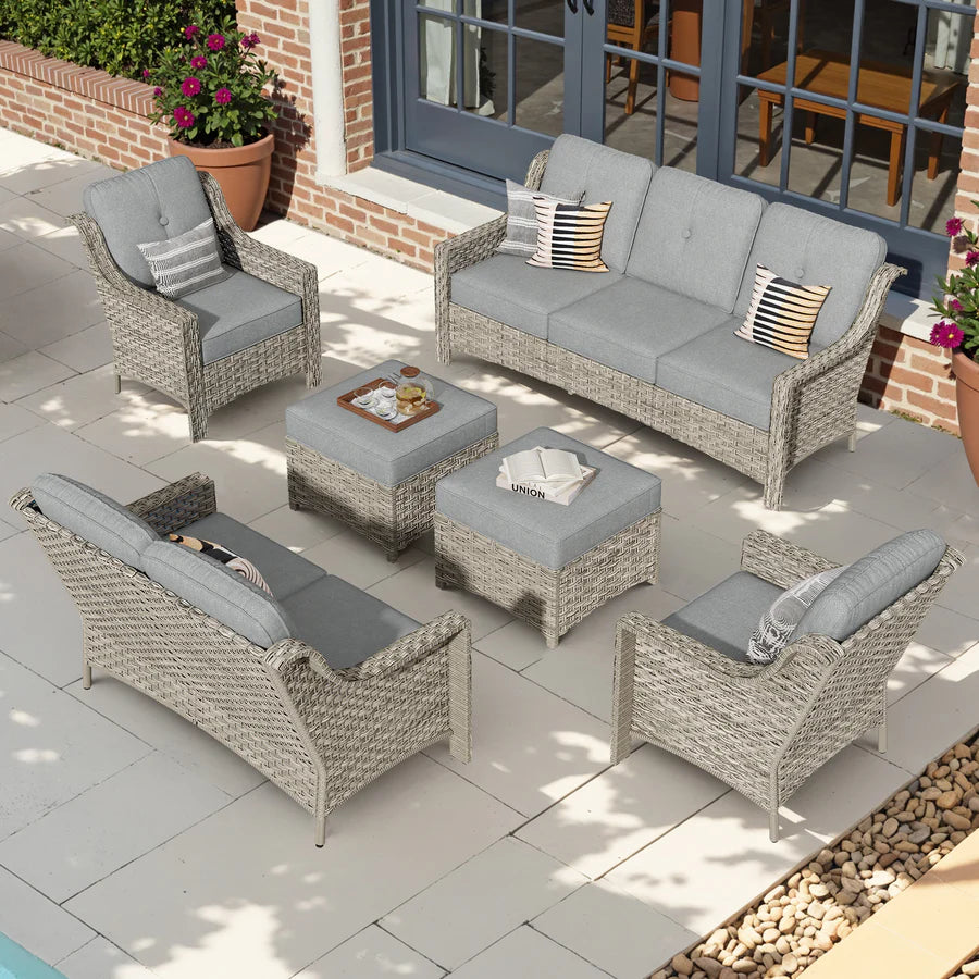 6 Pieces Patio Furniture Set, Outdoor Sofa Couch with Ottomans